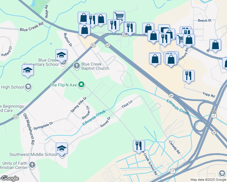 map of restaurants, bars, coffee shops, grocery stores, and more near 350 Blue Creek School Road in Jacksonville