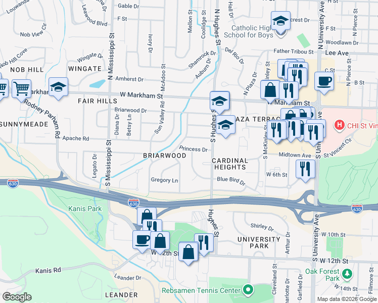 map of restaurants, bars, coffee shops, grocery stores, and more near 7001 Princess Drive in Little Rock