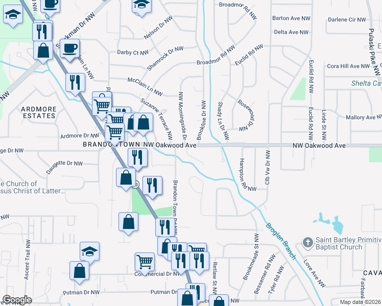 map of restaurants, bars, coffee shops, grocery stores, and more near 1702 Morningside Drive Northwest in Huntsville