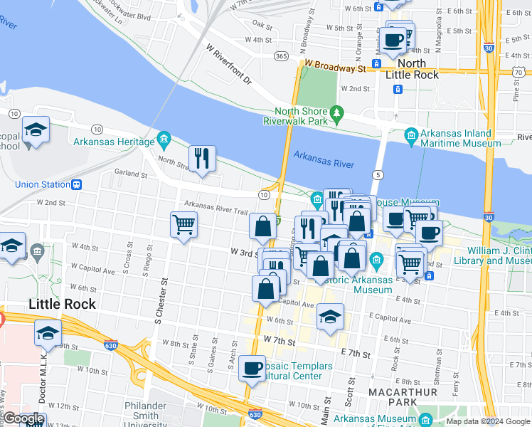 map of restaurants, bars, coffee shops, grocery stores, and more near 520 West Markham Street in Little Rock