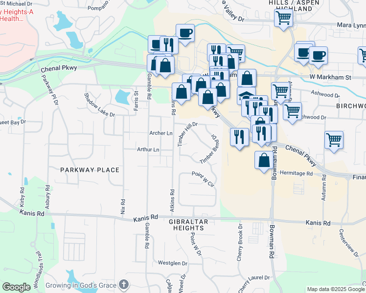 map of restaurants, bars, coffee shops, grocery stores, and more near 601 Timber Hill Drive in Little Rock