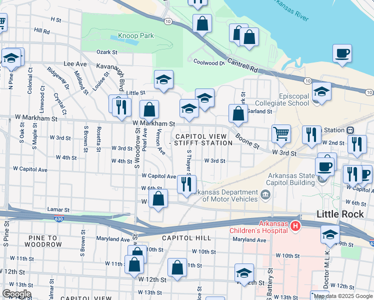map of restaurants, bars, coffee shops, grocery stores, and more near 206 South Thayer Street in Little Rock