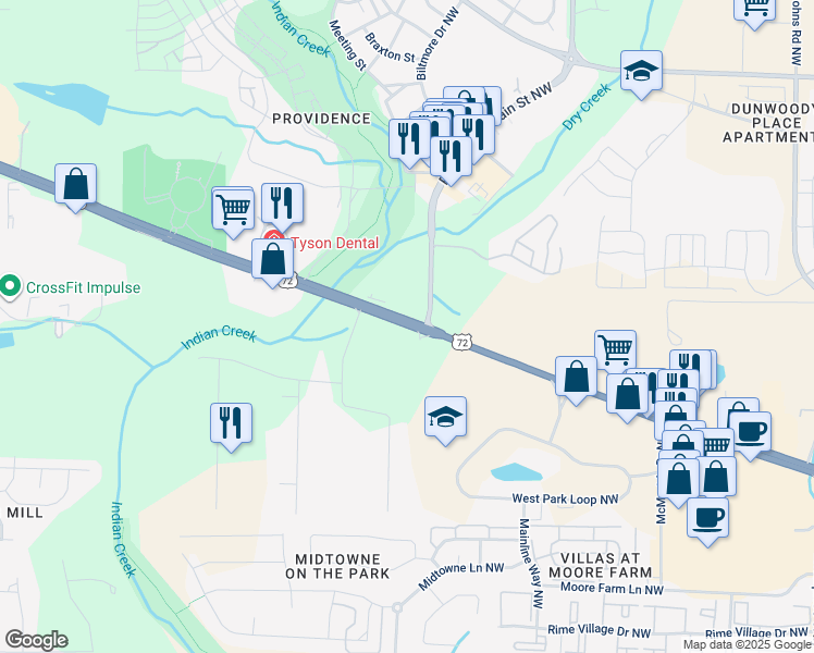 map of restaurants, bars, coffee shops, grocery stores, and more near 6603 University Drive Northwest in Huntsville