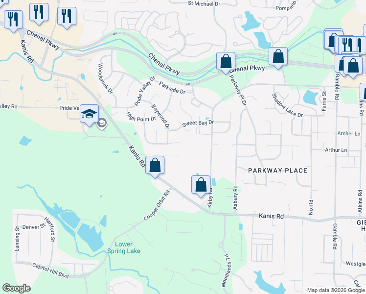map of restaurants, bars, coffee shops, grocery stores, and more near 50 Summit Ridge Drive in Little Rock