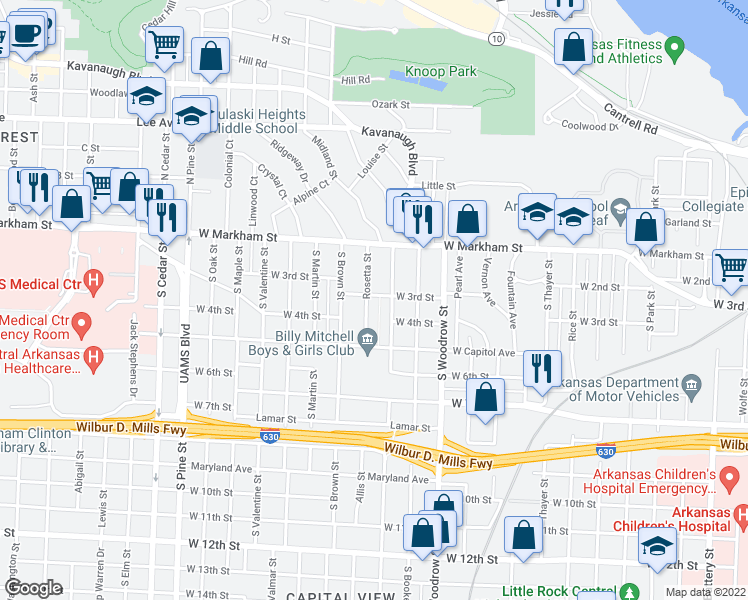 map of restaurants, bars, coffee shops, grocery stores, and more near 301 Rosetta Street in Little Rock
