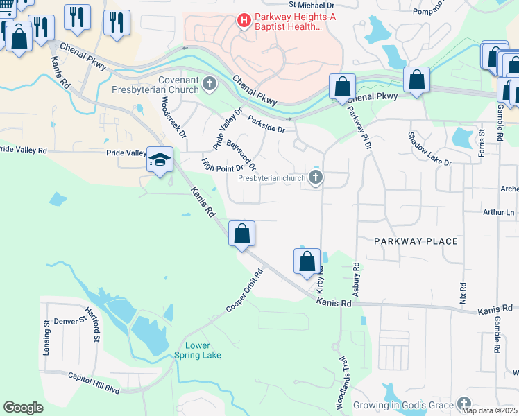 map of restaurants, bars, coffee shops, grocery stores, and more near 38 Summit Ridge Drive in Little Rock