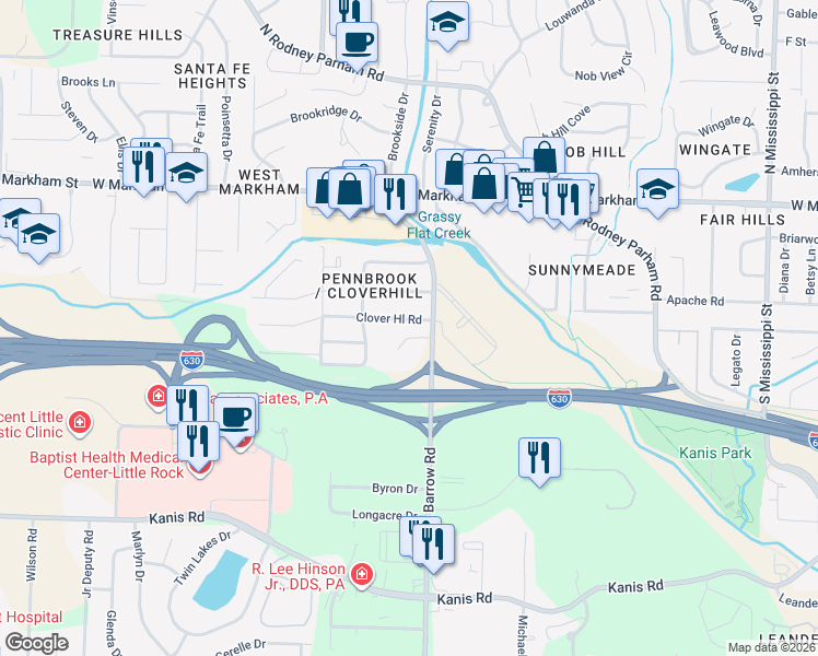 map of restaurants, bars, coffee shops, grocery stores, and more near 8815 Cloverhill Road in Little Rock