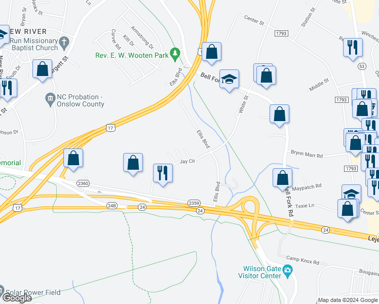 map of restaurants, bars, coffee shops, grocery stores, and more near 104 Rita Place in Jacksonville