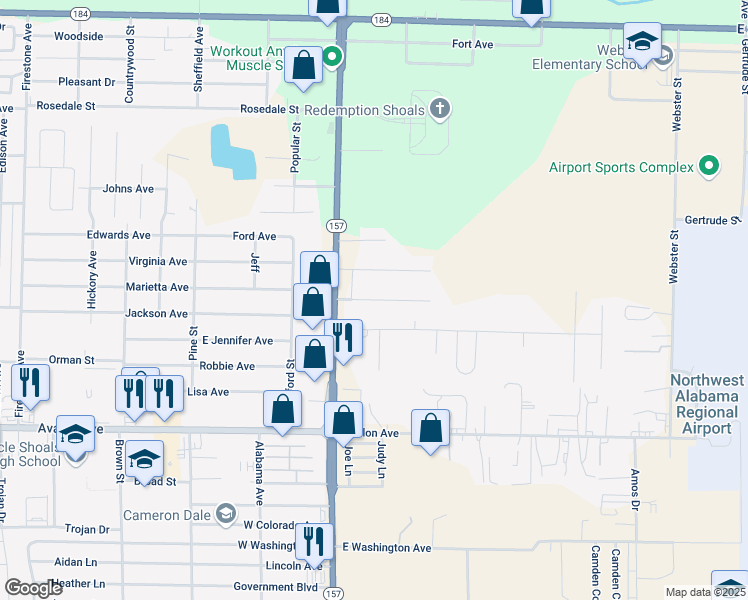 map of restaurants, bars, coffee shops, grocery stores, and more near 137-299 Francis Avenue in Muscle Shoals