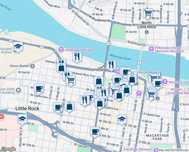 map of restaurants, bars, coffee shops, grocery stores, and more near 615 Arkansas River Trail in Little Rock