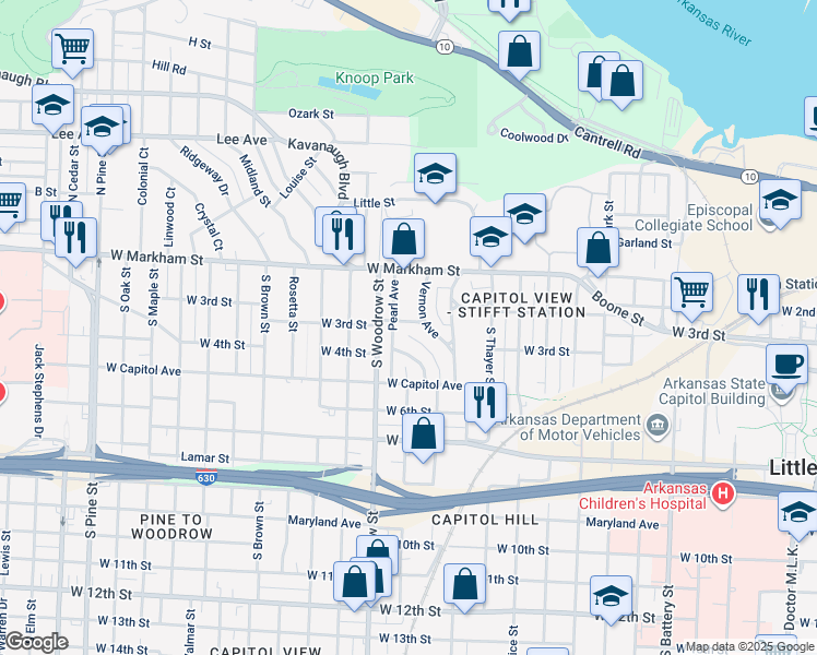 map of restaurants, bars, coffee shops, grocery stores, and more near 2803 Linden Street in Little Rock