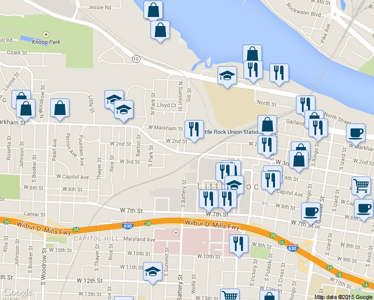 map of restaurants, bars, coffee shops, grocery stores, and more near 1910 West 3rd Street in Little Rock