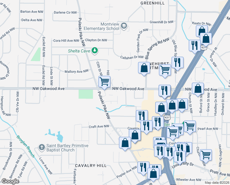 map of restaurants, bars, coffee shops, grocery stores, and more near 2409 Northwest Oakwood Avenue in Huntsville