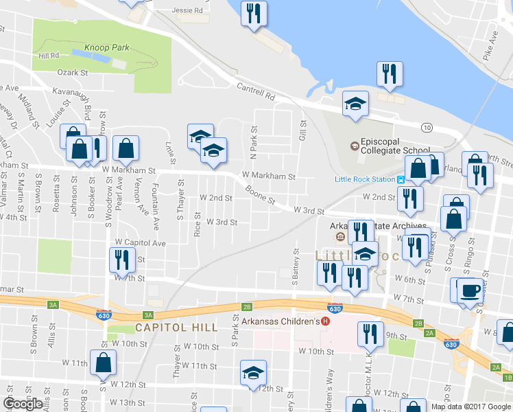 map of restaurants, bars, coffee shops, grocery stores, and more near 217 South Park Street in Little Rock