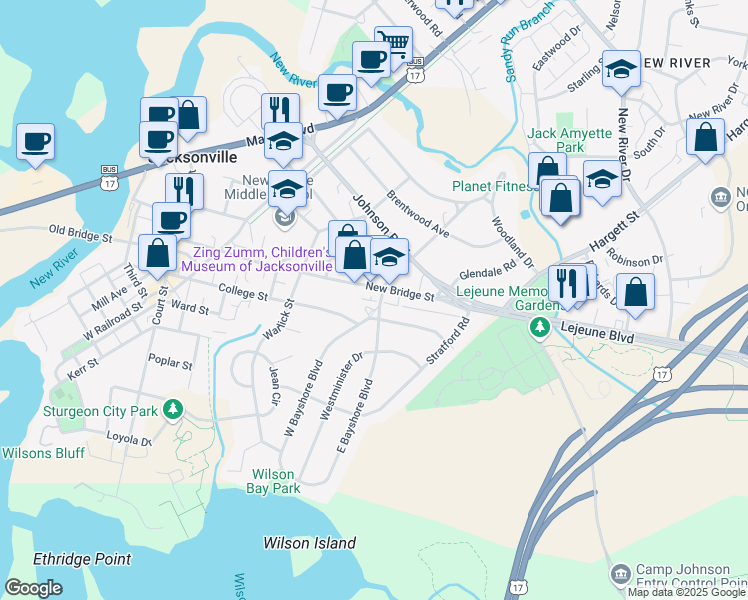 map of restaurants, bars, coffee shops, grocery stores, and more near 207 West Bayshore Boulevard in Jacksonville