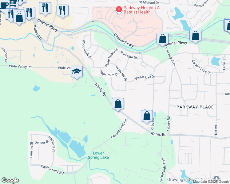 map of restaurants, bars, coffee shops, grocery stores, and more near 24 Summit Ridge Drive in Little Rock