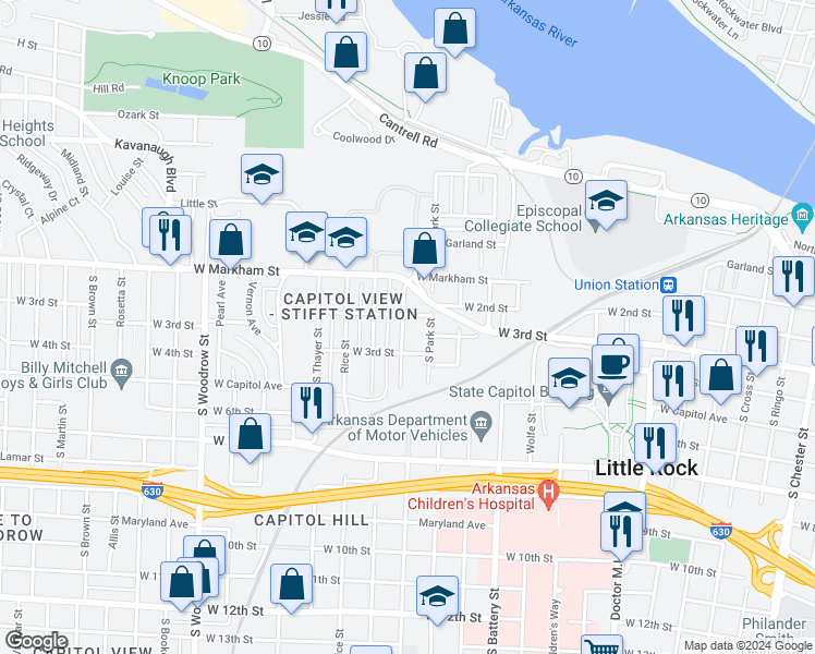 map of restaurants, bars, coffee shops, grocery stores, and more near 205 Barton Street in Little Rock