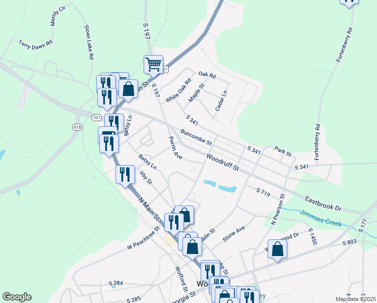 map of restaurants, bars, coffee shops, grocery stores, and more near 550 Woodruff Street in Woodruff