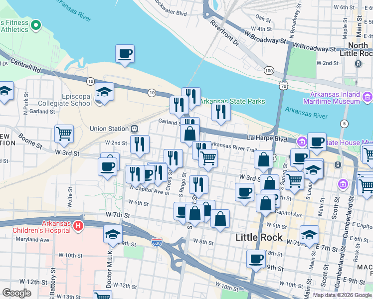 map of restaurants, bars, coffee shops, grocery stores, and more near 1100 West 2nd Street in Little Rock