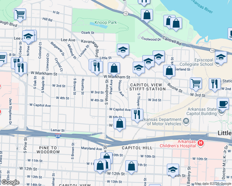 map of restaurants, bars, coffee shops, grocery stores, and more near 2805 Linden Street in Little Rock