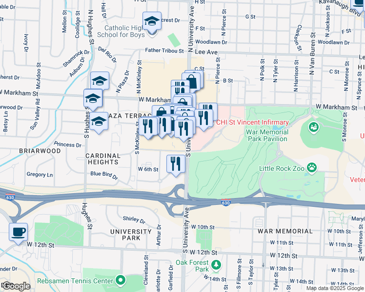 map of restaurants, bars, coffee shops, grocery stores, and more near 400 South University Avenue in Little Rock