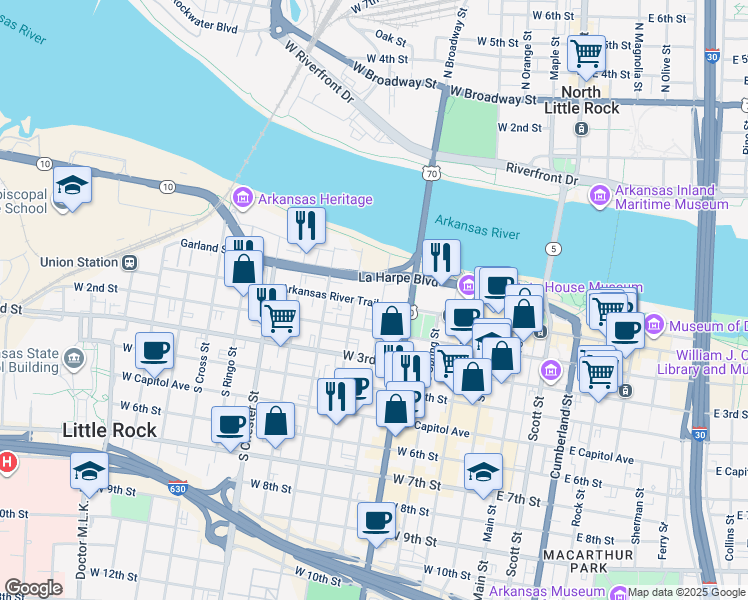 map of restaurants, bars, coffee shops, grocery stores, and more near 600 West Markham Street in Little Rock