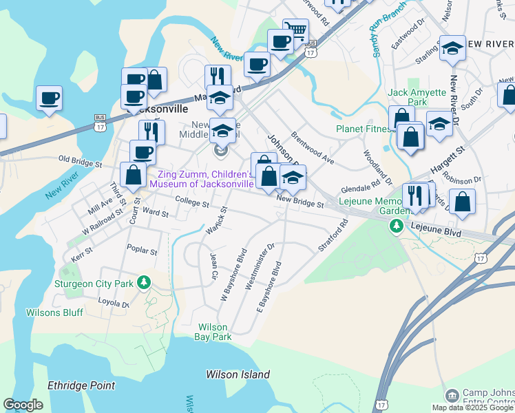 map of restaurants, bars, coffee shops, grocery stores, and more near 619 College Street in Jacksonville