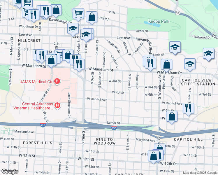 map of restaurants, bars, coffee shops, grocery stores, and more near 315 South Valentine Street in Little Rock
