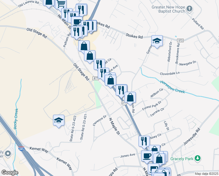 map of restaurants, bars, coffee shops, grocery stores, and more near 710 Northeast Main Street in Simpsonville