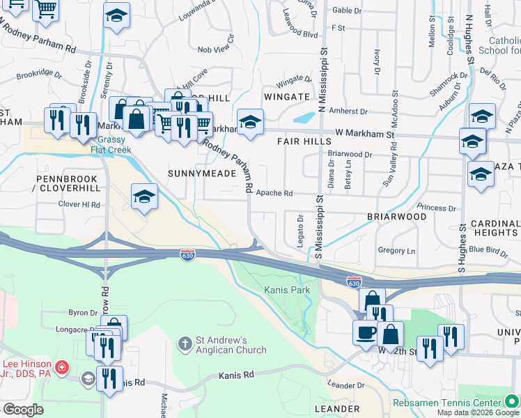 map of restaurants, bars, coffee shops, grocery stores, and more near 801 South Rodney Parham Road in Little Rock