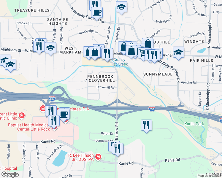 map of restaurants, bars, coffee shops, grocery stores, and more near 8815 Cloverhill Road in Little Rock