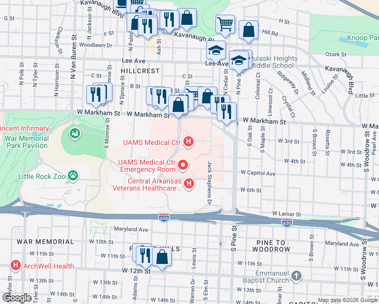 map of restaurants, bars, coffee shops, grocery stores, and more near 4301 West Markham Street in Little Rock