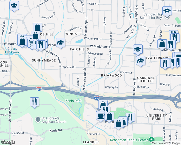 map of restaurants, bars, coffee shops, grocery stores, and more near 7502 Choctaw Rd in Little Rock