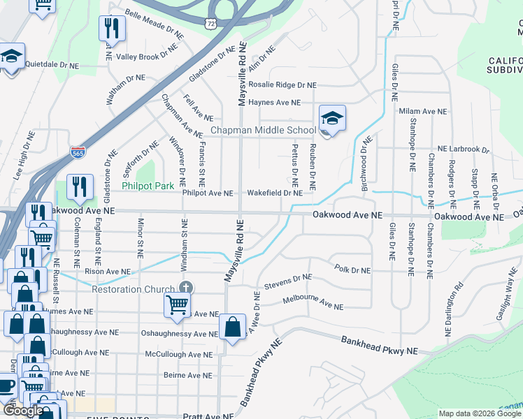map of restaurants, bars, coffee shops, grocery stores, and more near 1703 Oakwood Avenue Northeast in Huntsville