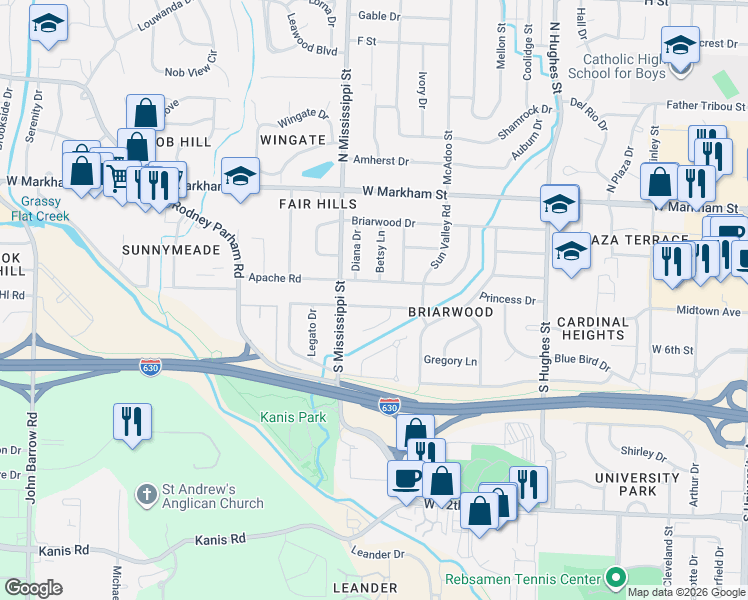 map of restaurants, bars, coffee shops, grocery stores, and more near 7502 Choctaw Road in Little Rock