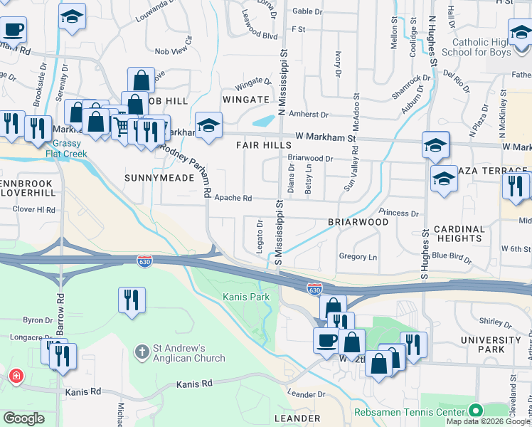 map of restaurants, bars, coffee shops, grocery stores, and more near 7610 Choctaw Road in Little Rock