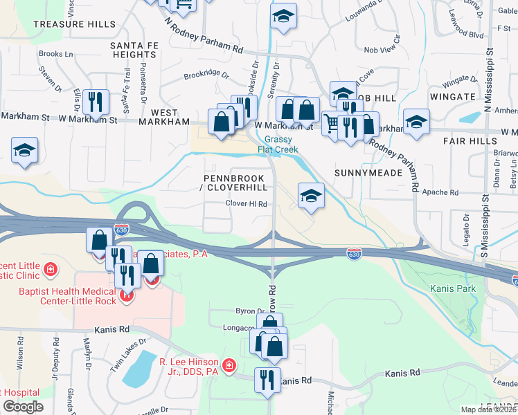 map of restaurants, bars, coffee shops, grocery stores, and more near 8815 Cloverhill Road in Little Rock