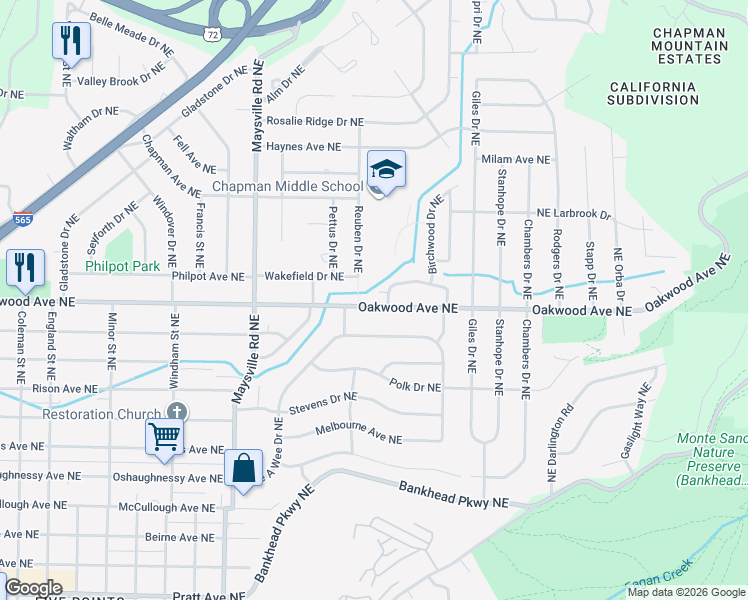 map of restaurants, bars, coffee shops, grocery stores, and more near 1809 Oakwood Avenue Northeast in Huntsville
