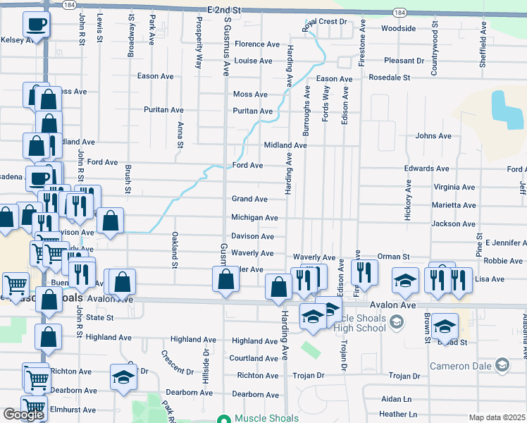 map of restaurants, bars, coffee shops, grocery stores, and more near 1101 Michigan Avenue in Muscle Shoals