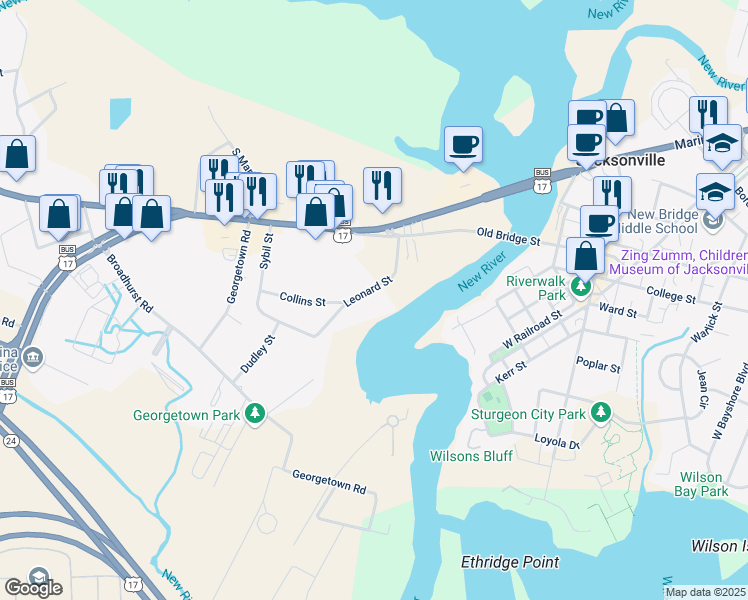 map of restaurants, bars, coffee shops, grocery stores, and more near 211 Leonard Street in Jacksonville
