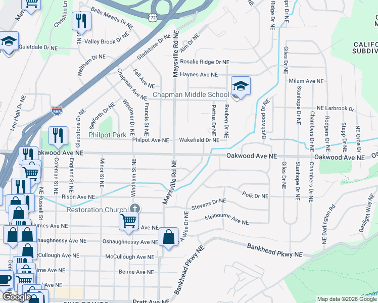 map of restaurants, bars, coffee shops, grocery stores, and more near 1703 Oakwood Avenue Northeast in Huntsville