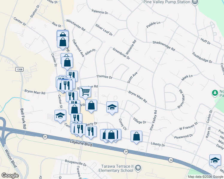 map of restaurants, bars, coffee shops, grocery stores, and more near 410 Brynn Marr Road in Jacksonville