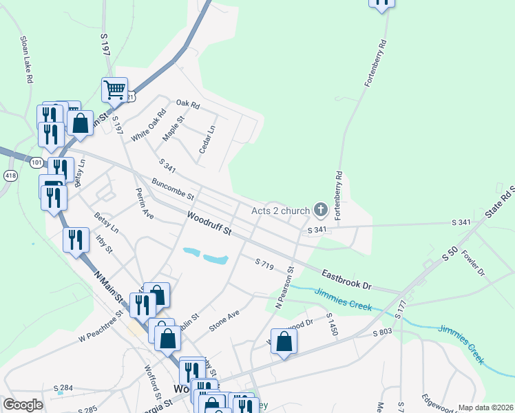 map of restaurants, bars, coffee shops, grocery stores, and more near 315 Poole Street in Woodruff