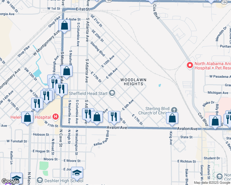 map of restaurants, bars, coffee shops, grocery stores, and more near 700-798 East 17th Street in Sheffield