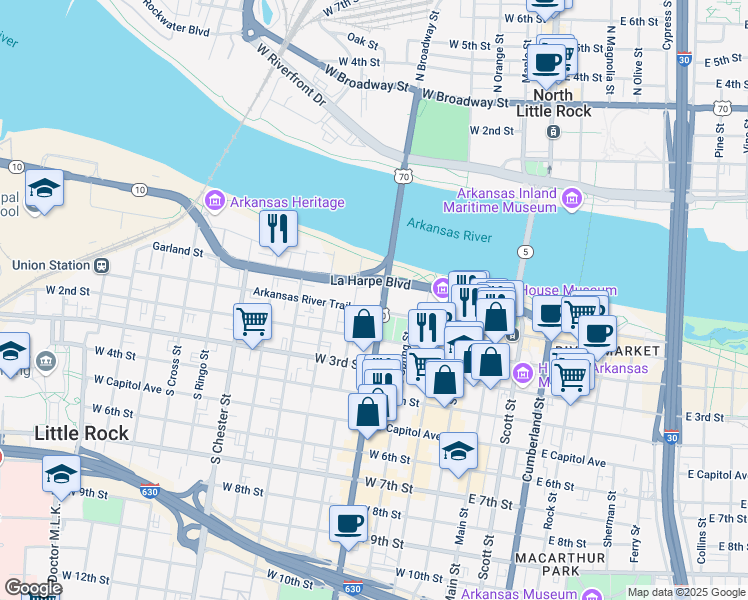 map of restaurants, bars, coffee shops, grocery stores, and more near 500 West Markham Street in Little Rock
