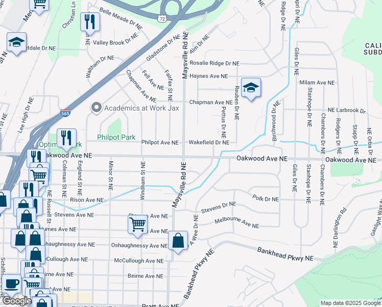 map of restaurants, bars, coffee shops, grocery stores, and more near 1703 Oakwood Avenue Northeast in Huntsville