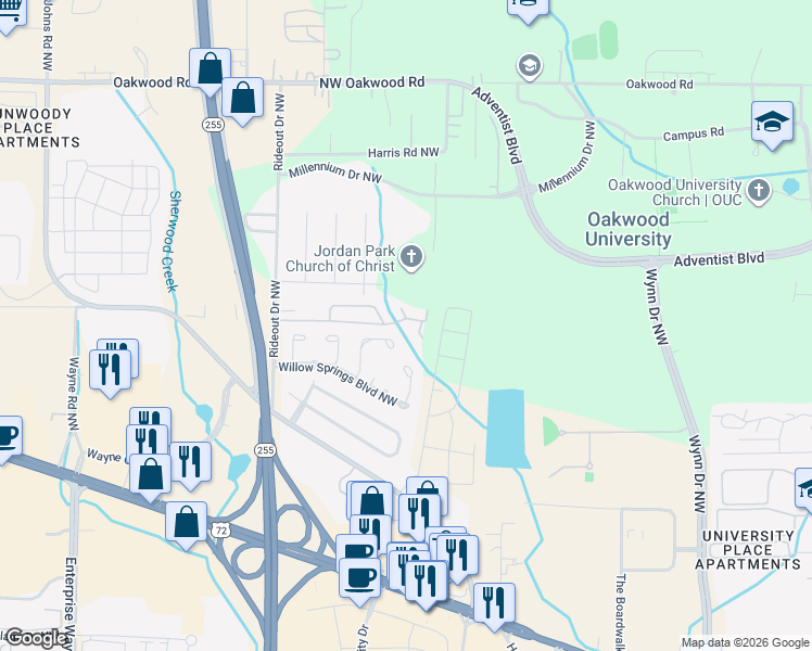 map of restaurants, bars, coffee shops, grocery stores, and more near 6642 Willow Pointe Drive Northwest in Huntsville