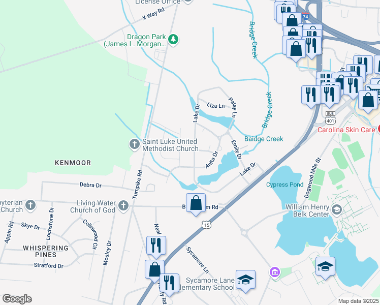 map of restaurants, bars, coffee shops, grocery stores, and more near 1801 Lake Drive in Laurinburg