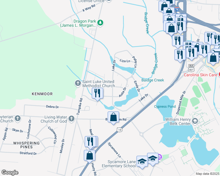 map of restaurants, bars, coffee shops, grocery stores, and more near 1801 Lake Drive in Laurinburg