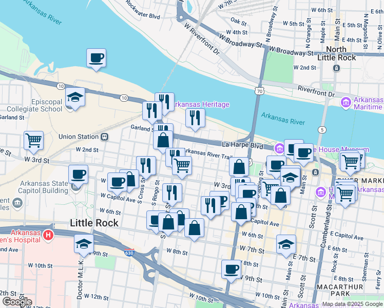 map of restaurants, bars, coffee shops, grocery stores, and more near 853 Arkansas River Trail in Little Rock